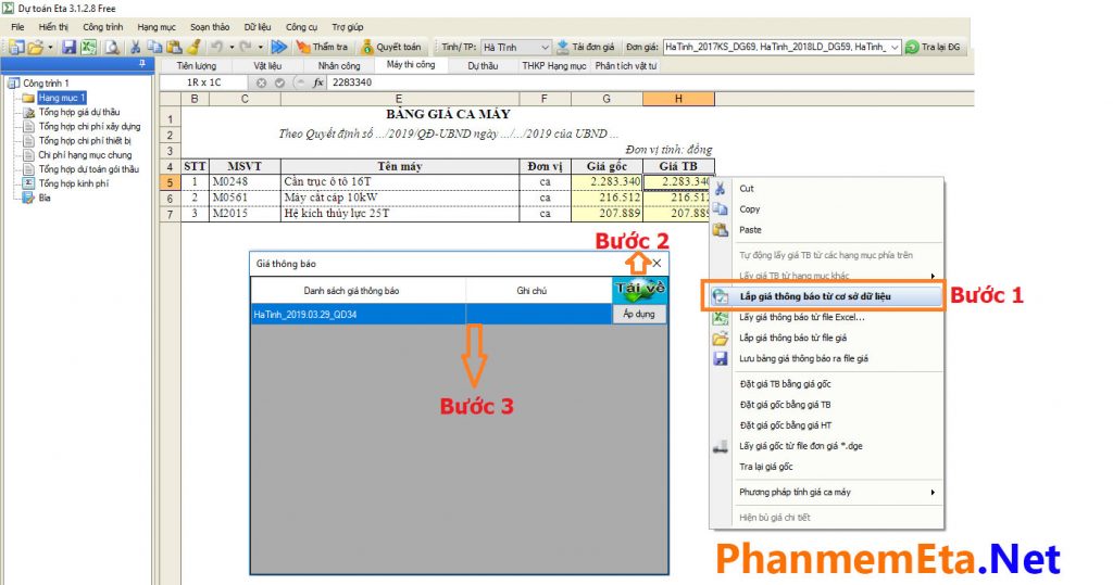bảng giá ca máy tỉnh Hà Tĩnh năm 2019