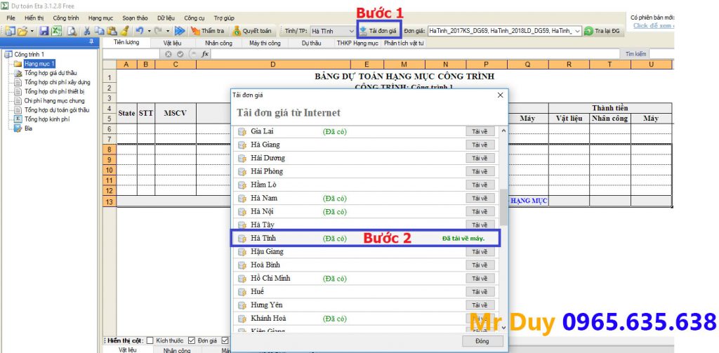 Đơn giá xây dựng công trình tỉnh Hà Tĩnh năm 2019