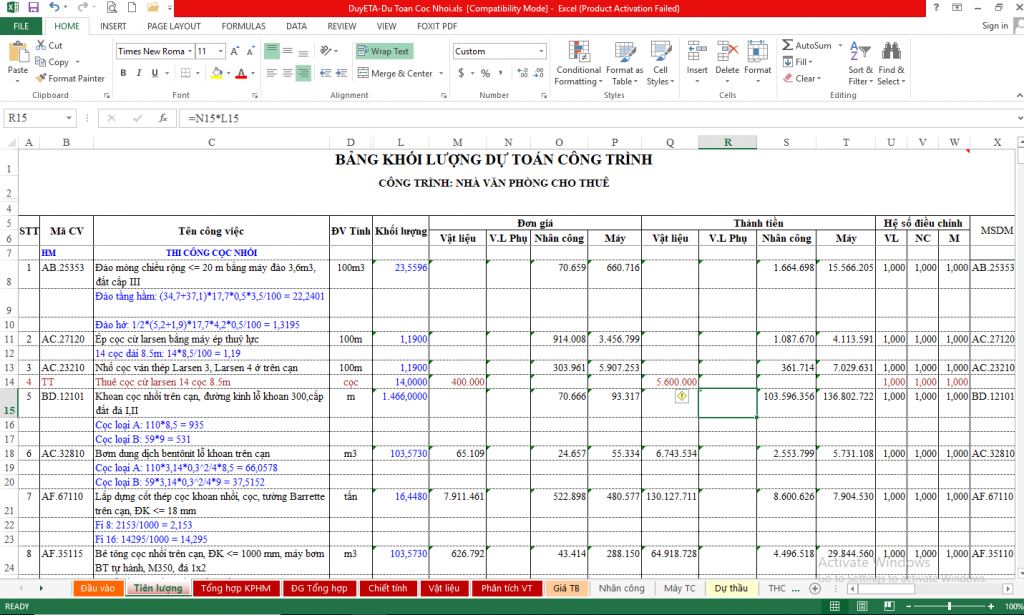 File dự toán cọc khoan nhồi
