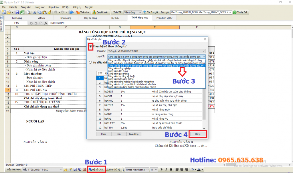 hệ số chi phí công trình viễn thông