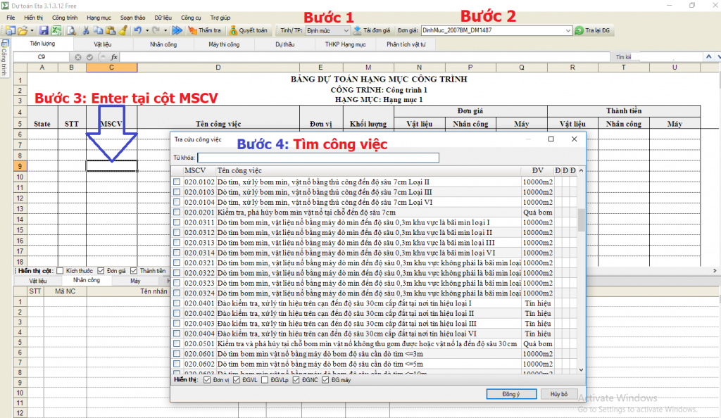 Dự toán công tác rà phá bom mìn