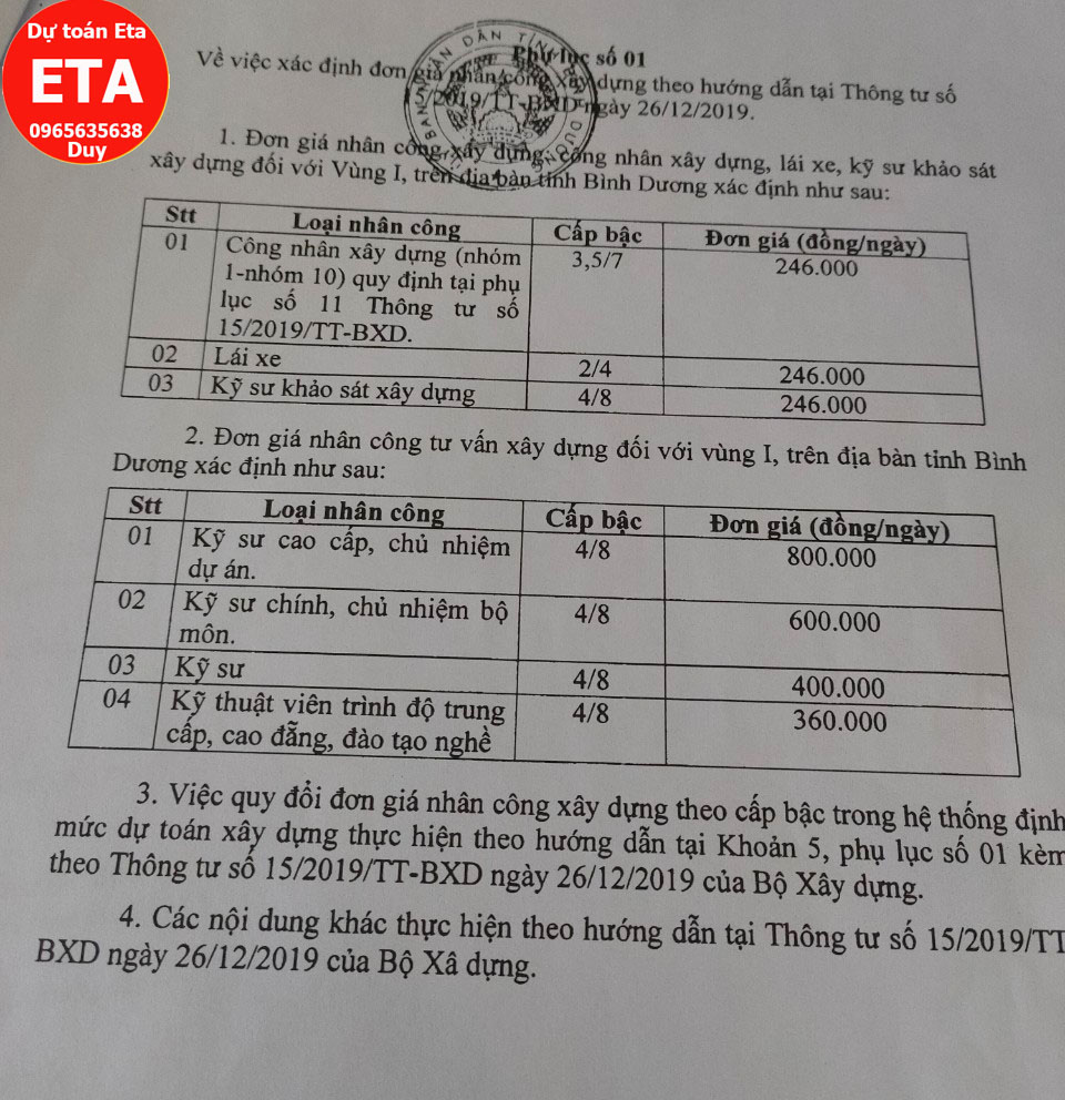 Đơn giá nhân công tỉnh Bình Dương năm 2020
