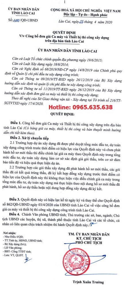 Bảng giá ca máy tỉnh Lào Cai năm 2020