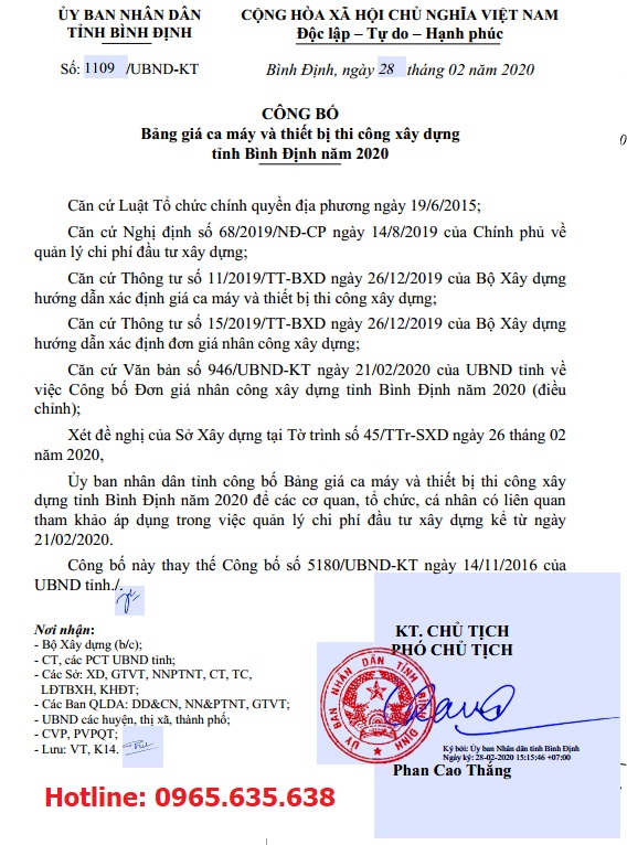 Bảng giá ca máy tỉnh Bình Định năm 2020