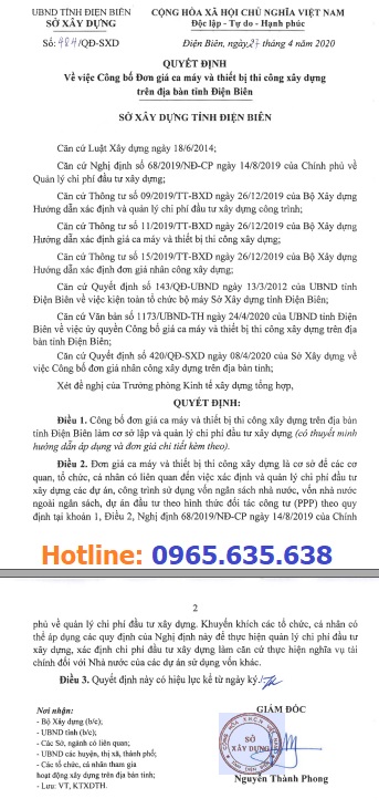 Bảng giá ca máy tỉnh Điện Biên năm 2020 theo QĐ 484/QĐ-SXD