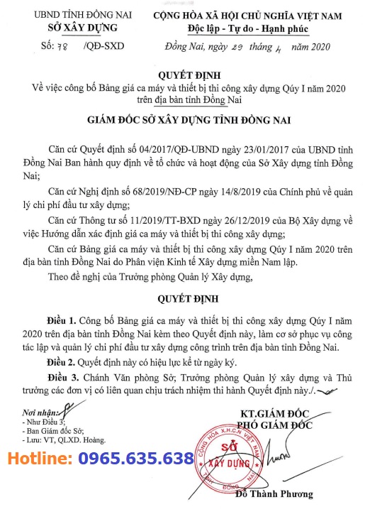 Bảng giá ca máy tỉnh Đồng Nai năm 2020 theo Quyết định 78/QĐ-SXD