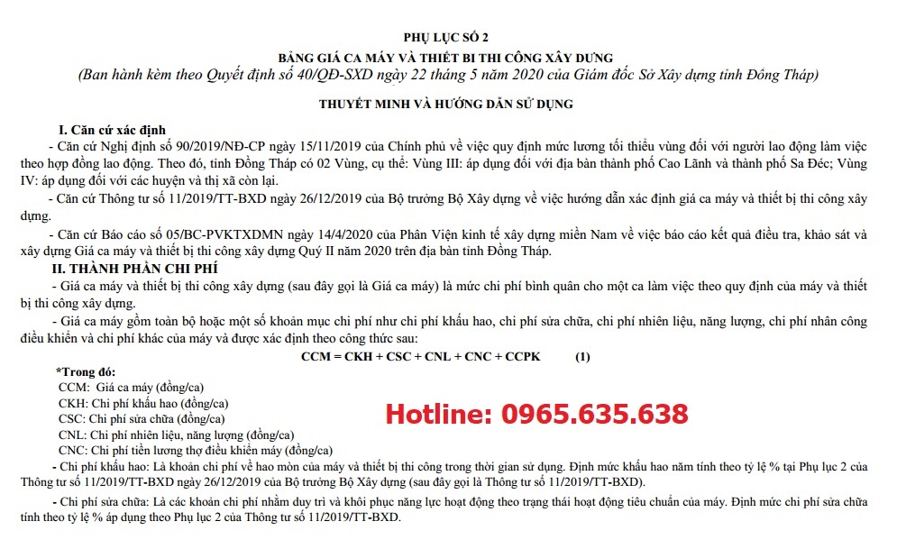 Bảng giá ca máy tỉnh Đồng Tháp năm 2020