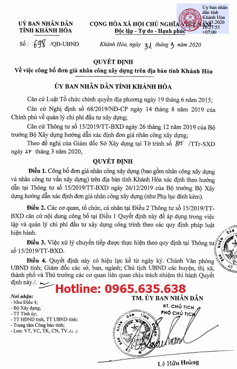 Bảng giá ca máy tỉnh Khánh Hòa năm 2020 theo Quyết định 697/QĐ-UBND