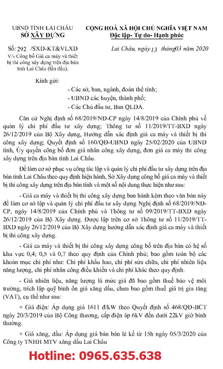Bảng giá ca máy tỉnh Lai Châu năm 2020 theo Công văn 292/SXD-KT&VLXD
