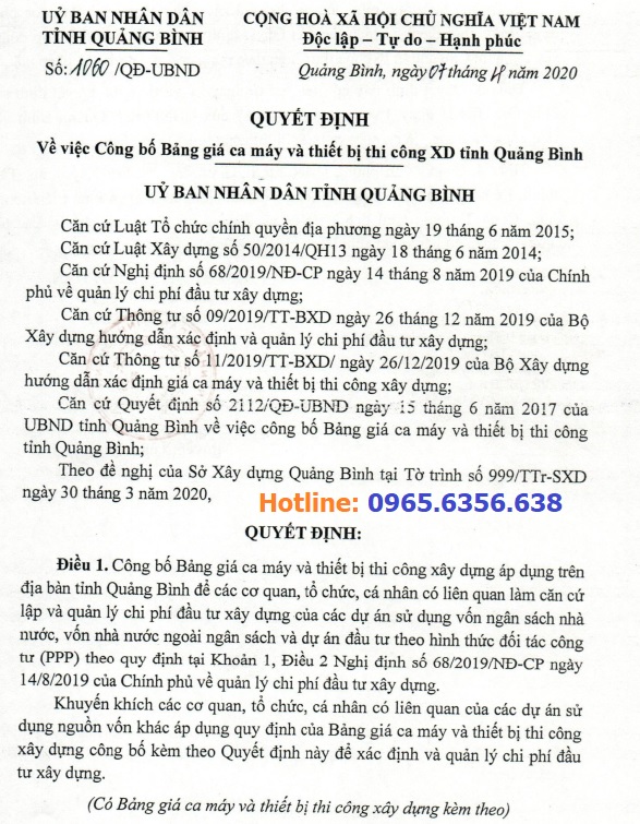 Bảng giá ca máy tỉnh Quảng Bình năm 2020 theo Quyết định 1060/QĐ-UBND