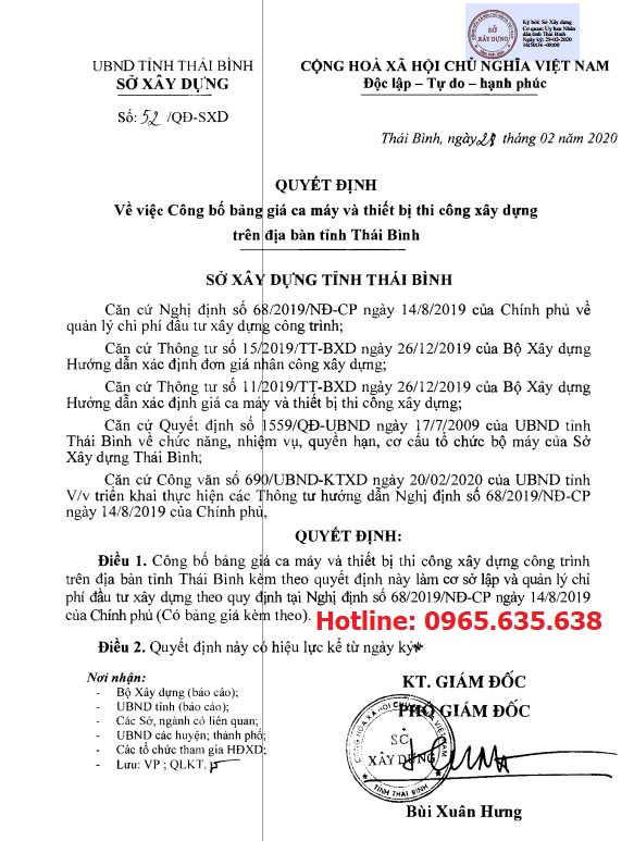 Bảng giá ca máy tỉnh Thái Bình năm 2020