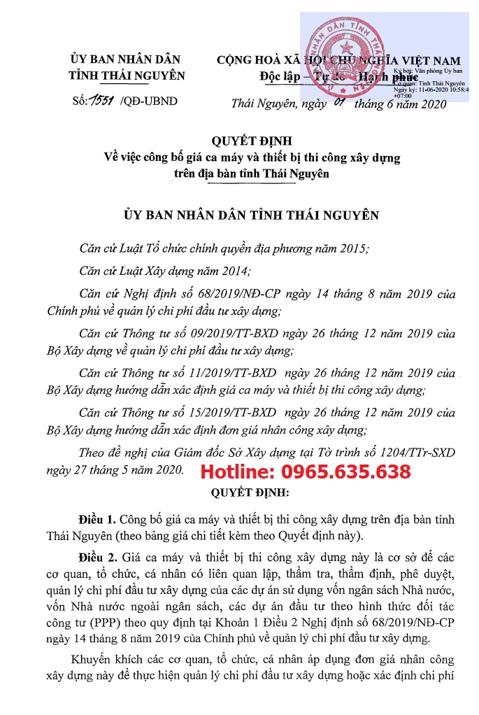 Bảng giá ca máy tỉnh Thái Nguyên năm 2020