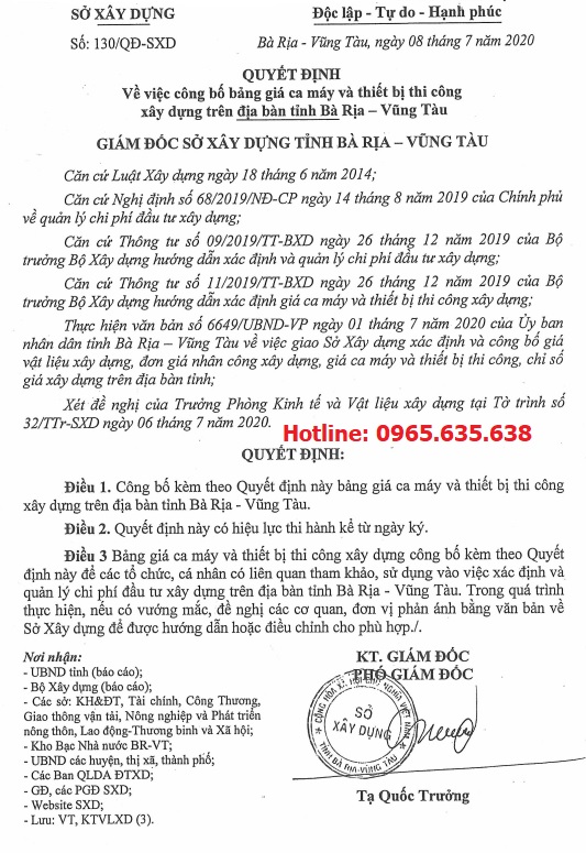 Bảng giá ca máy tỉnh Bà Rịa Vũng Tàu năm 2020