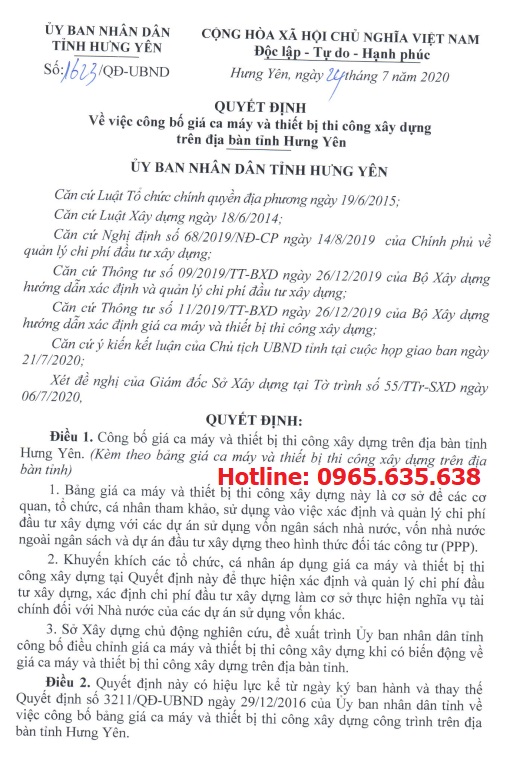 Bảng giá ca máy tỉnh Hưng Yên năm 2020