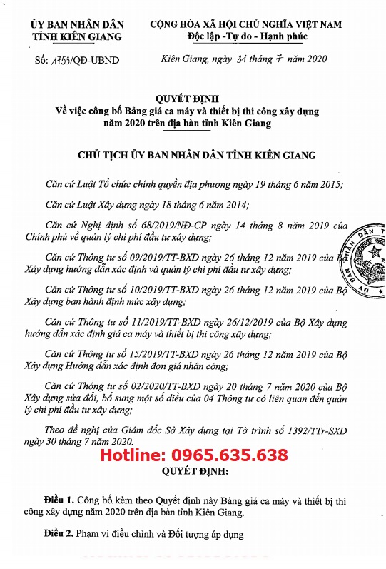 Bảng giá ca máy tỉnh Kiên Giang năm 2020 