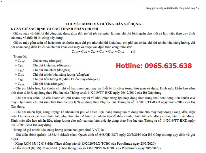 Bảng giá ca máy tỉnh Long An năm 2020 