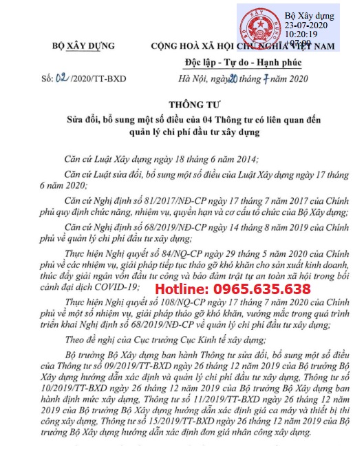 điểm mới sửa đổi bổ sung thông tư 02/2020/TT-BXD