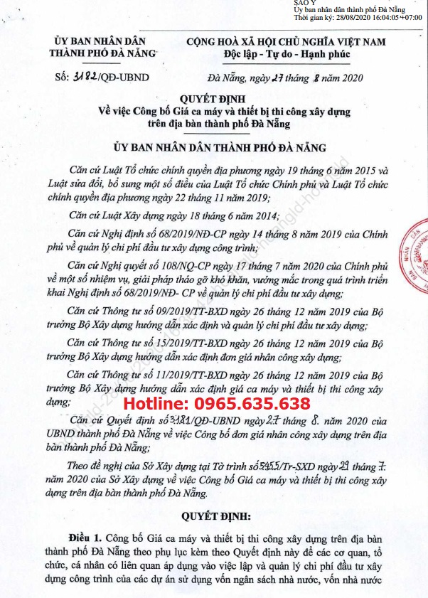 Bảng giá ca máy tp Đà Nẵng năm 2020
