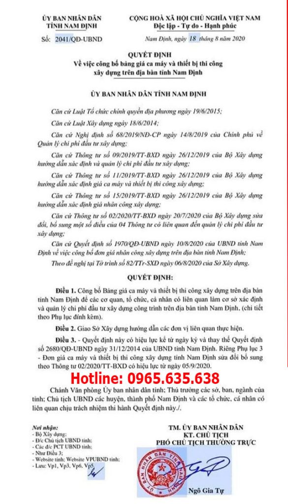 Bảng giá ca máy tỉnh Nam Định năm 2020