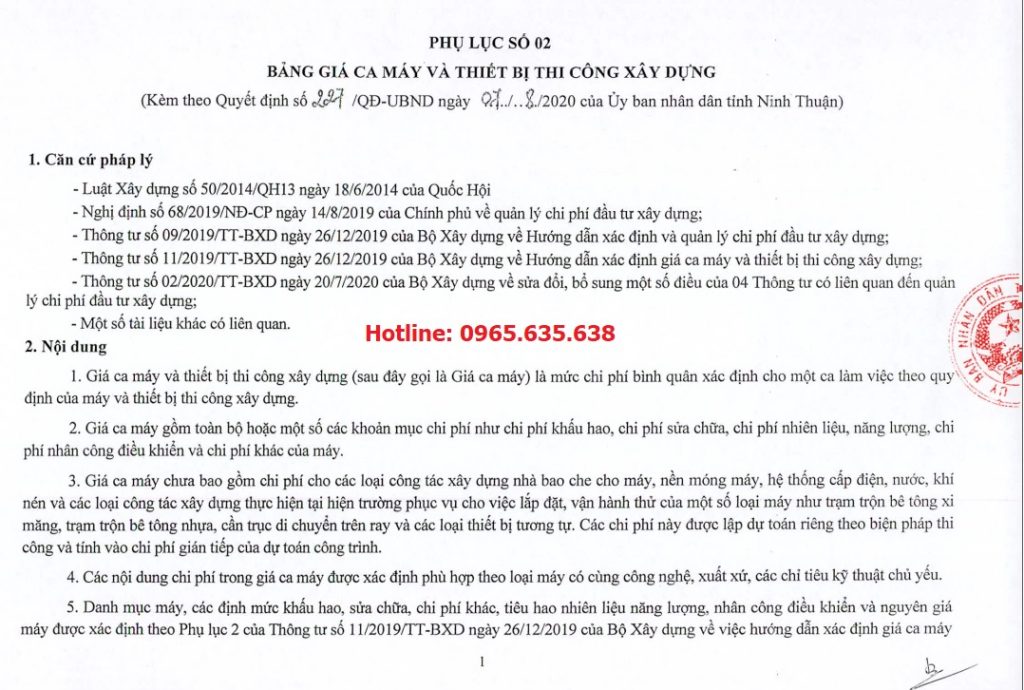 Bảng giá ca máy tỉnh Ninh Thuận 2020