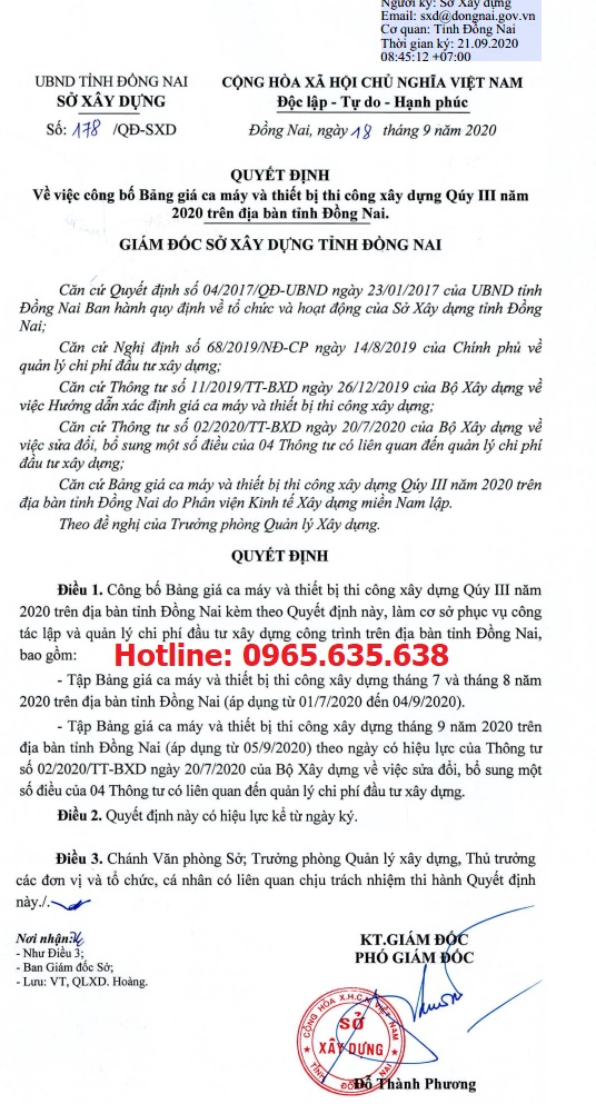 Bảng giá ca máy tỉnh Đồng Nai năm 2020