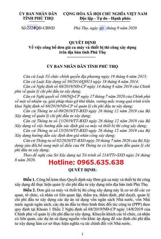 Bảng giá ca máy tỉnh Phú Thọ năm 2020