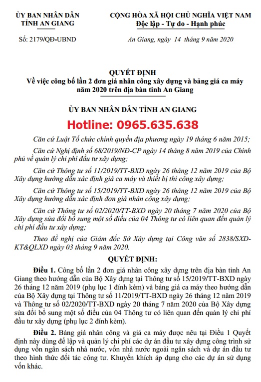 Quyết định 2179/QĐ-UBND Bảng giá ca máy An Giang 2020