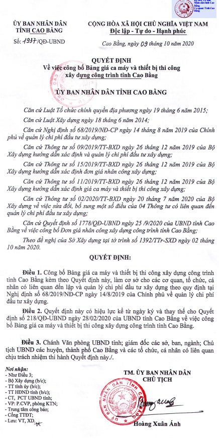 Bảng giá ca máy tỉnh Cao Bằng năm 2020