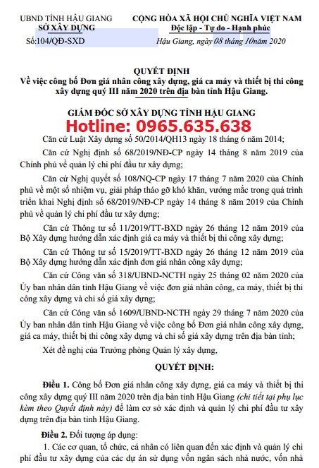 Quyết định 104/QĐ-SXD Bảng giá ca máy tỉnh Hậu Giang