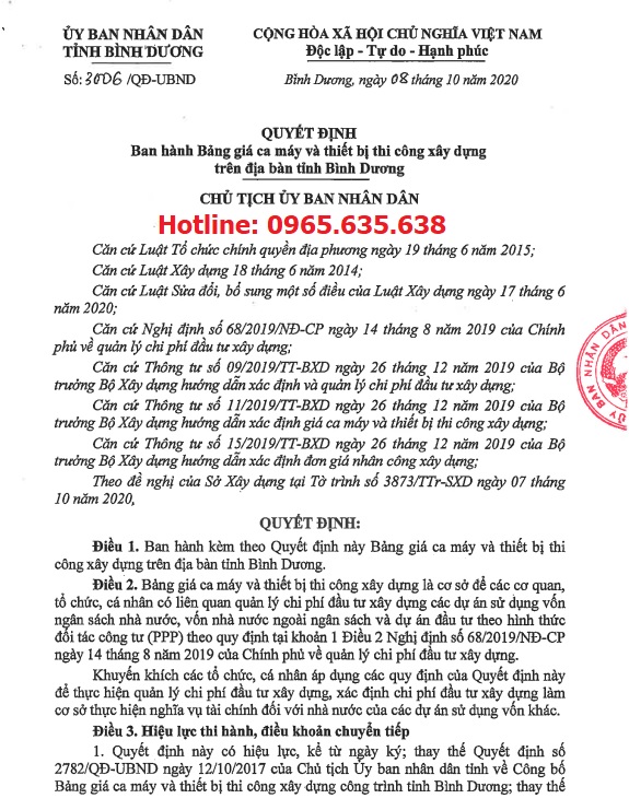 Bảng giá ca máy tỉnh Bình Dương năm 2020