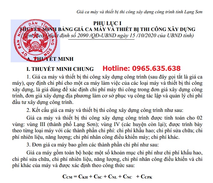 Bảng giá ca máy tỉnh Lạng Sơn năm 2020