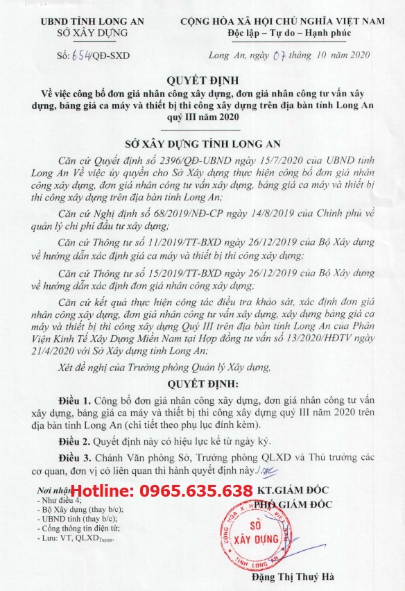 Bảng giá ca máy tỉnh Long An 2020 theo Quyết định 654/QĐ-SXD