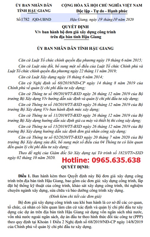Quyết định 1782/QĐ-UBND Đơn giá XDCT tỉnh Hậu Giang năm 2020