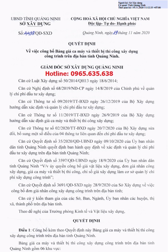 Bảng giá ca máy tỉnh Quảng Ninh 2020 Quyết định 4438/QĐ-SXD