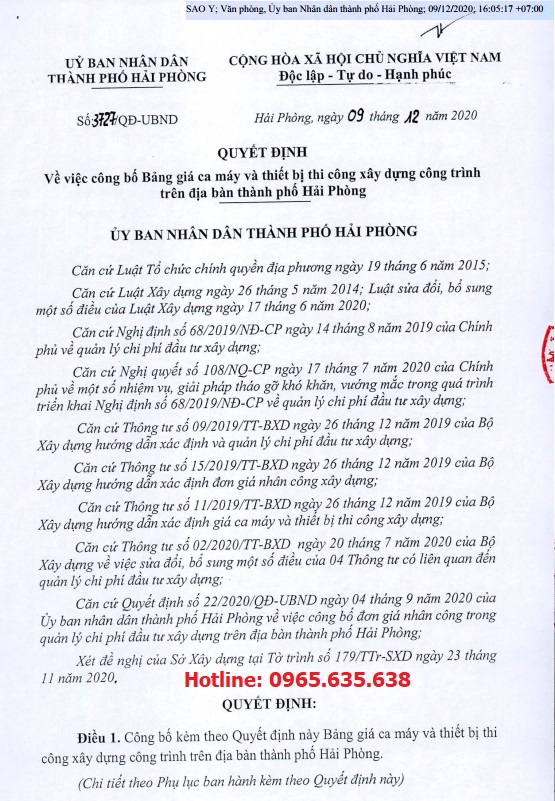 Bảng giá ca máy Hải Phòng năm 2020 Quyết định 3727/QĐ-UBND