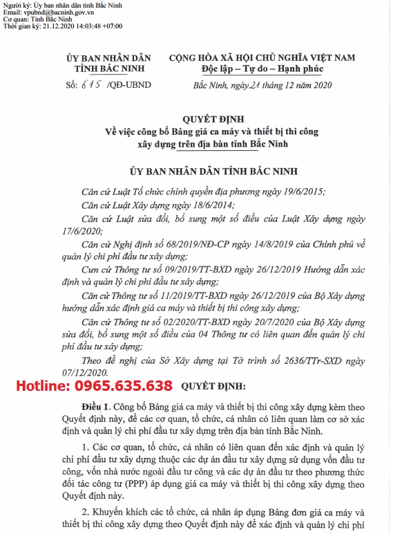 Bảng giá ca máy tỉnh Bắc Ninh theo Quyết định 615/QĐ-UBND