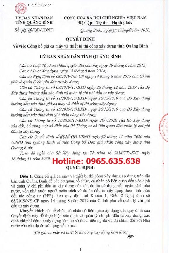Bảng giá ca máy tỉnh Quảng Bình Quyết định 4536/QĐ-UBND
