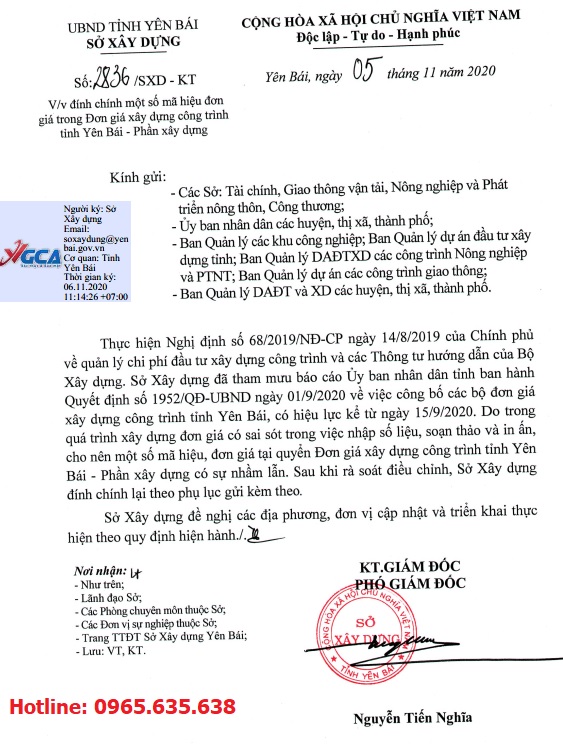 Công văn đính chính đơn giá xây dựng tỉnh Yên Bái