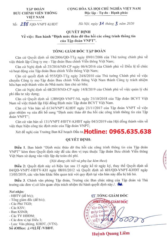 Định mức Viễn thông năm 2020 Quyết định 288/QĐ-VNPT-KHĐT