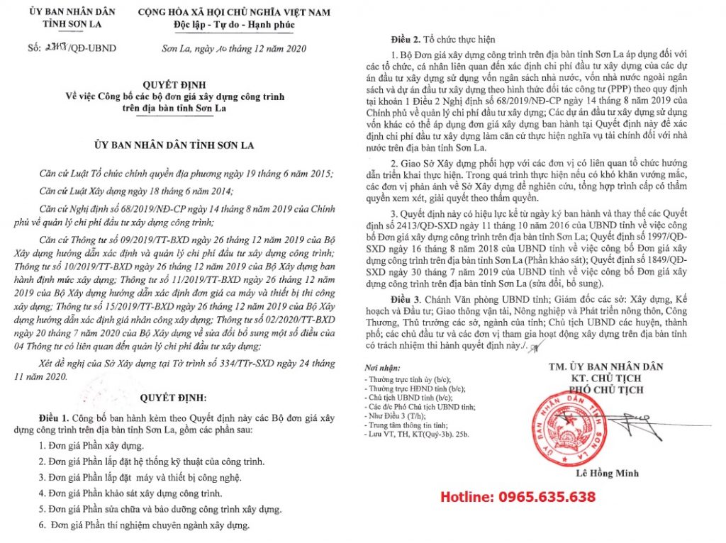 Đơn giá xây dựng tỉnh Sơn La năm 2020