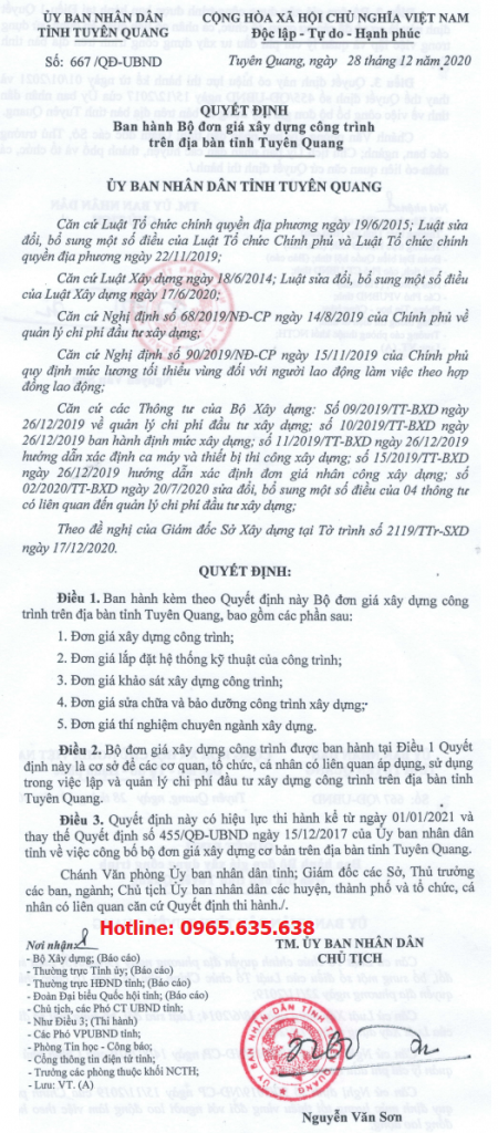  Đơn giá xây dựng tỉnh Tuyên Quang quyết định 667/QĐ-UBND