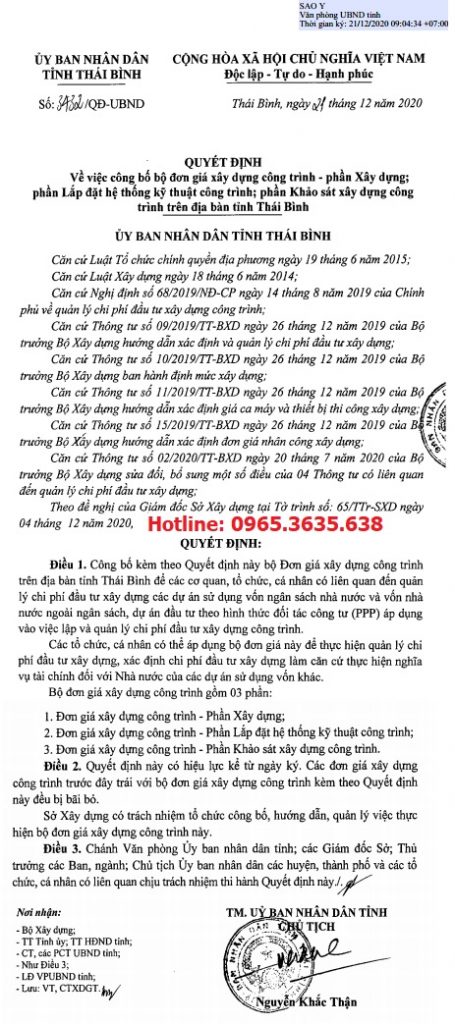 Quyết định 3432/QĐ-UBND Đơn giá XDCT tỉnh Thái Bình năm 2020