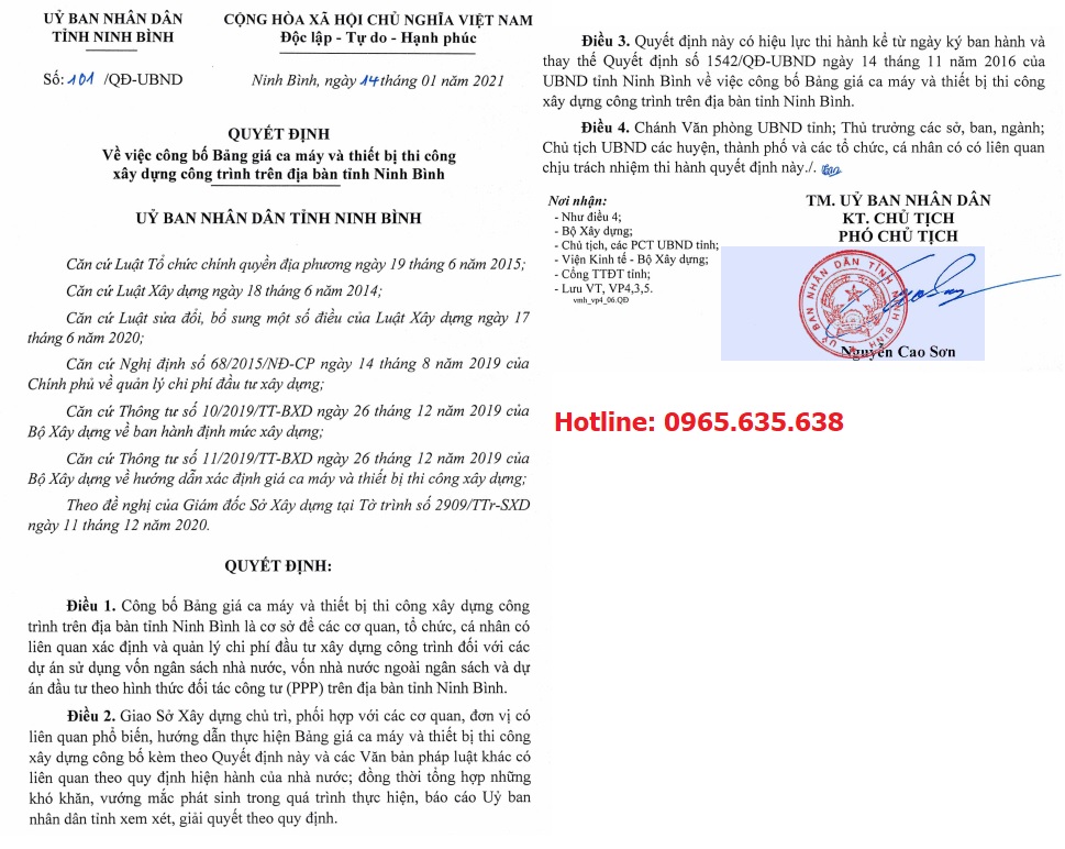 Bảng giá ca máy tỉnh Ninh Bình năm 2021