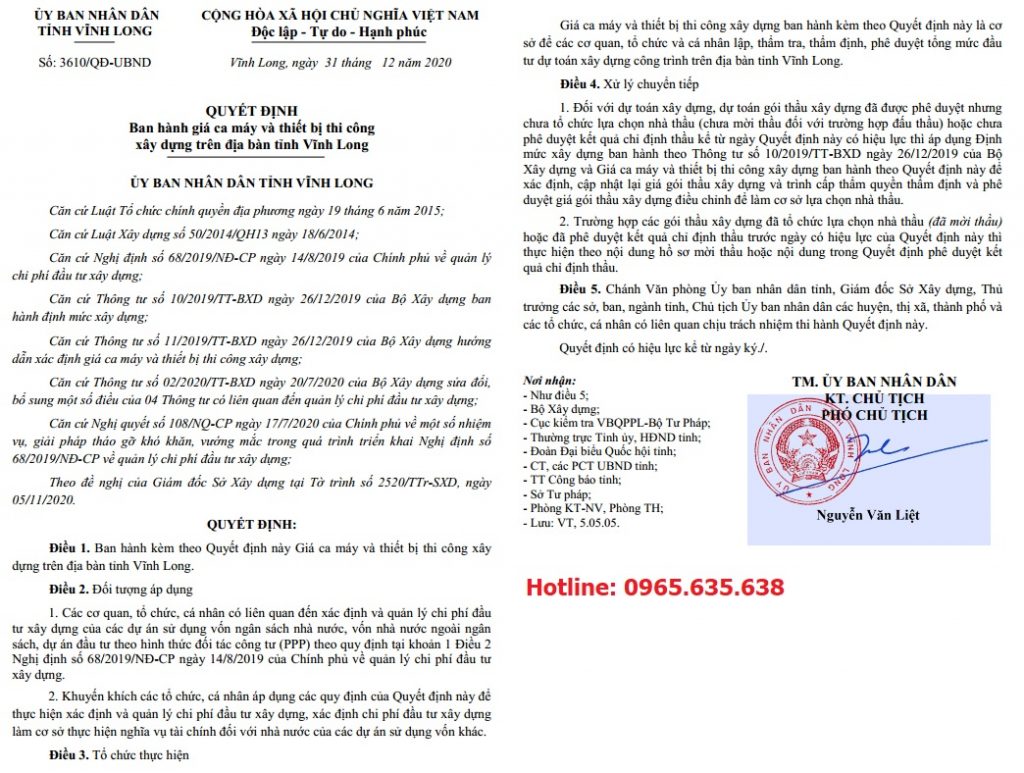 Bảng giá ca máy tỉnh Vĩnh Long năm 2021 