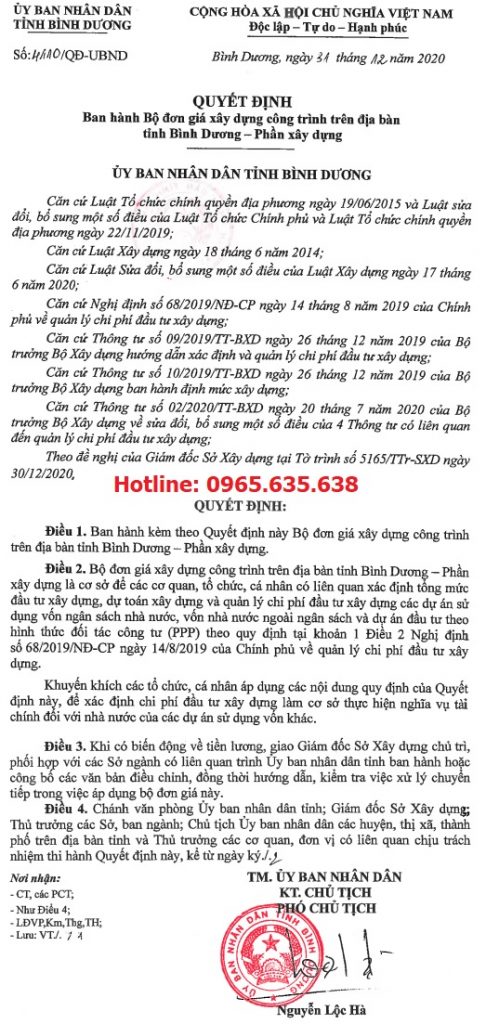 Đơn giá xây dựng tỉnh Bình Dương quyết định 4110/QĐ-UBND