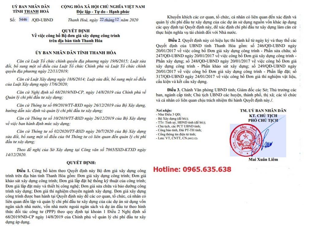 Đơn giá xây dựng tỉnh Thanh Hóa năm 2020