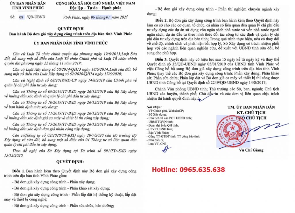 Đơn giá xây dựng tỉnh Vĩnh Phúc năm 2021