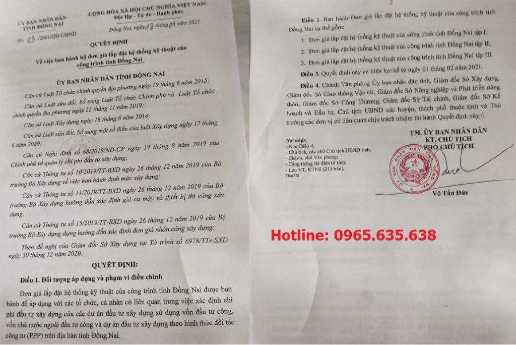 Đơn giá xây dựng tỉnh Đồng Nai năm 2021