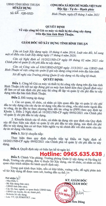 Bảng giá ca máy tỉnh Bình Thuận năm 2021