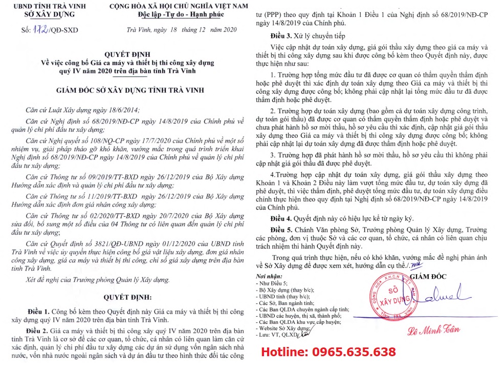 Bảng giá ca máy tỉnh Trà Vinh 2021